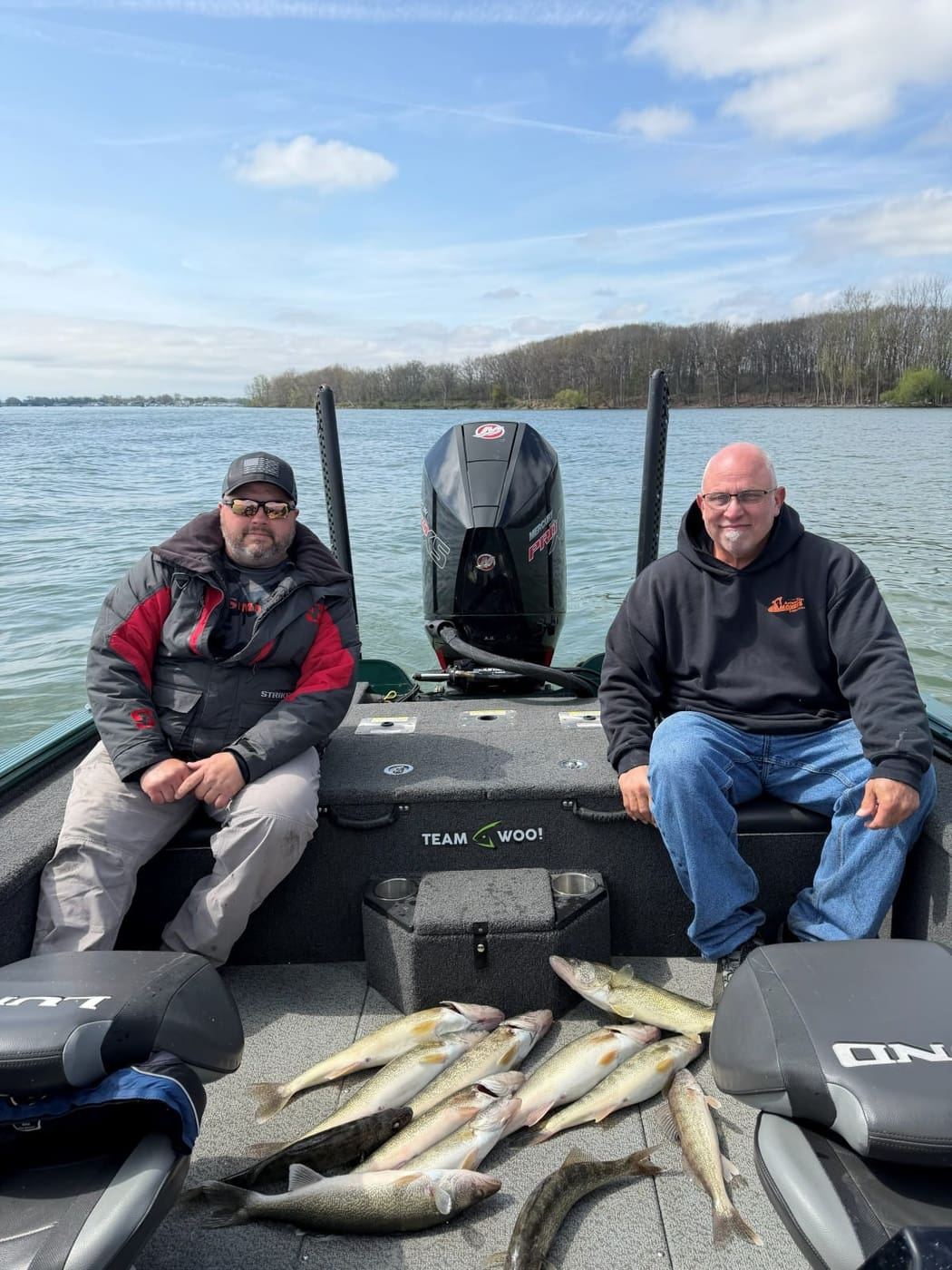 Two clients aboard with their walleye catch